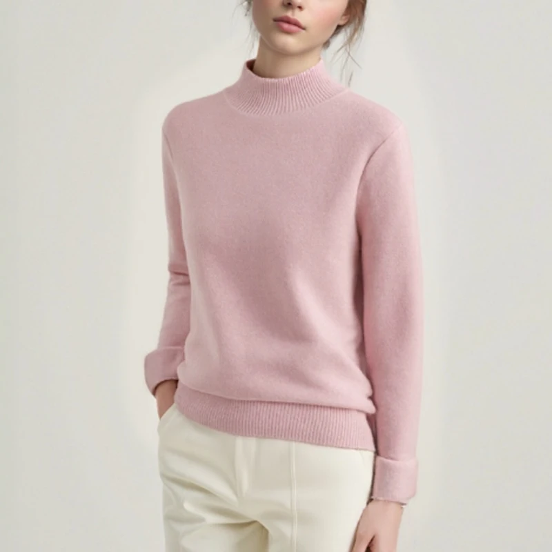 

Autumn Winter Warm Velvet Solid Half High Neck Women's Sweater Simple Thick Pullover Clothing Casual Solid Color Knitted Tops