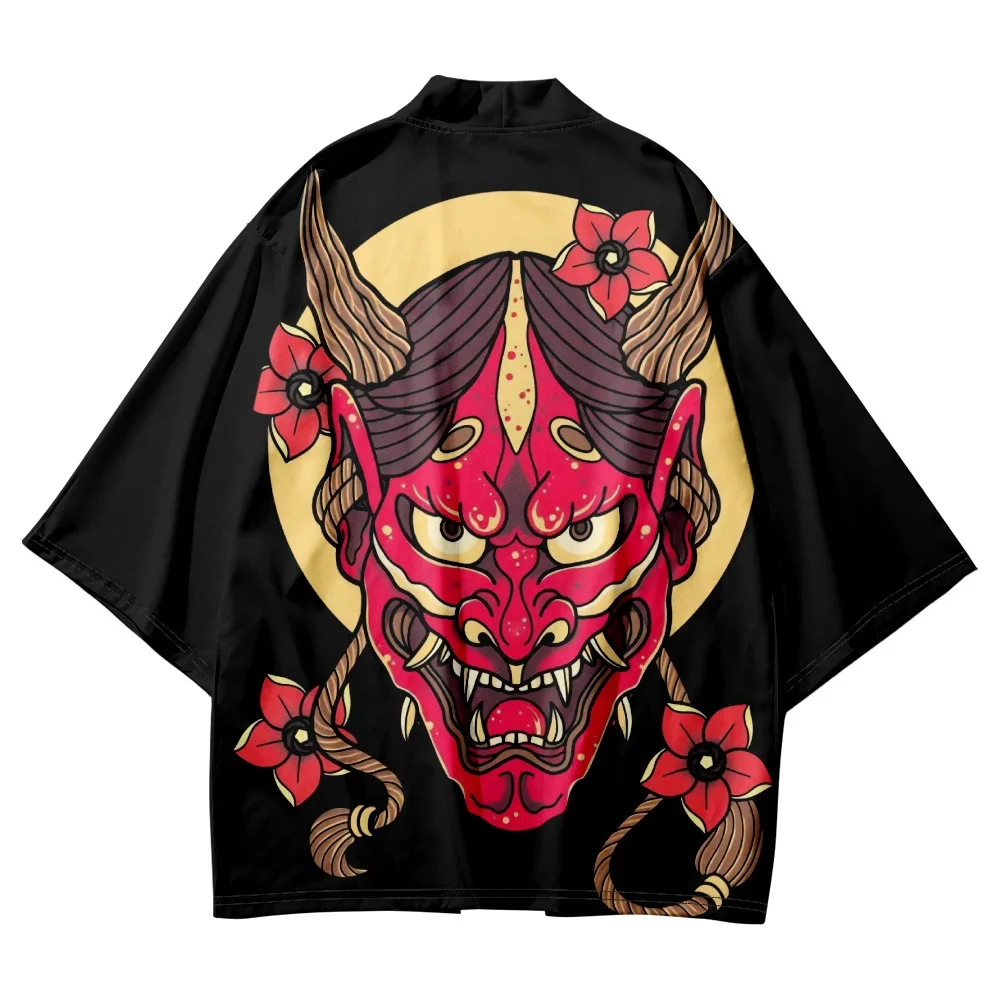 

2023 Anime Japanese Black Demon Print Cardigan Men Cosplay Yukata Clothing Harajuku Kimono And Shorts Set