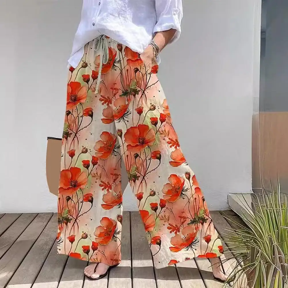 Digital Print Pants Stylish Women's Elastic Waist Wide-leg Pants with Floral Digital Print Designs Adjustable for Summer