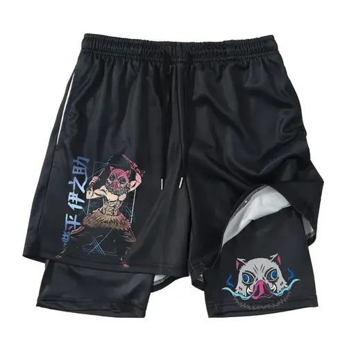Imagen 2 del producto Pantalones cortos periféricos de Anime japonés Demon Slayer, pantalones de playa de doble capa de verano para hombres y mujeres, pantalones cortos informales sueltos de talla grande