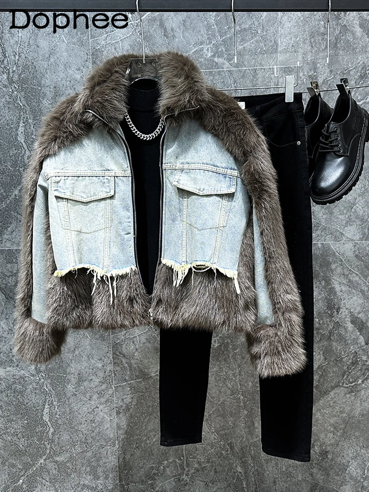 

Winter Faux Fur Plush Denim Patchwork Design Jacket Fashionable Stylish Men's Thickened Short Jacket Trendy