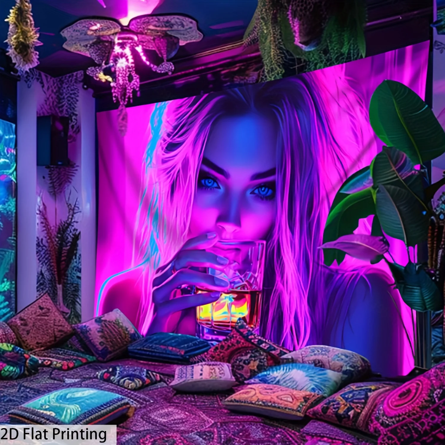 VIKAMA Neon Girl Wandteppich, psychedelischer Wandteppich, lila, blau, Farbverlauf, Party-Kunst, Hängetuch, Wohnzimmer-Dekoration
