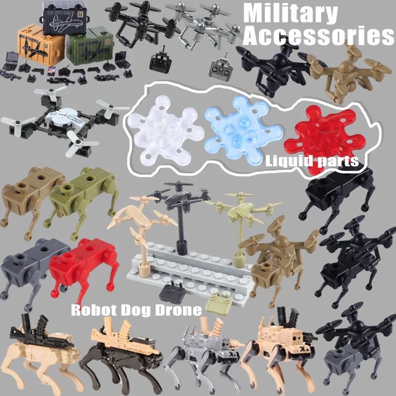 WW2 Military Accessories UAV Robot Dog Drone Building Blocks Liquid Parts Soldier Figures Guns Mechanical Wolf Bricks Toys Gifts
