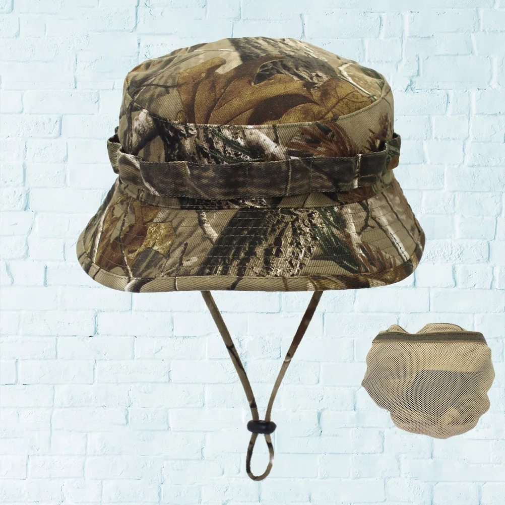 Camouflage Bucket Cap Durable Canvas Outdoor Hat Adjustable Chin Strap Hiking Fishing Hunting Sun Protection Camo 60