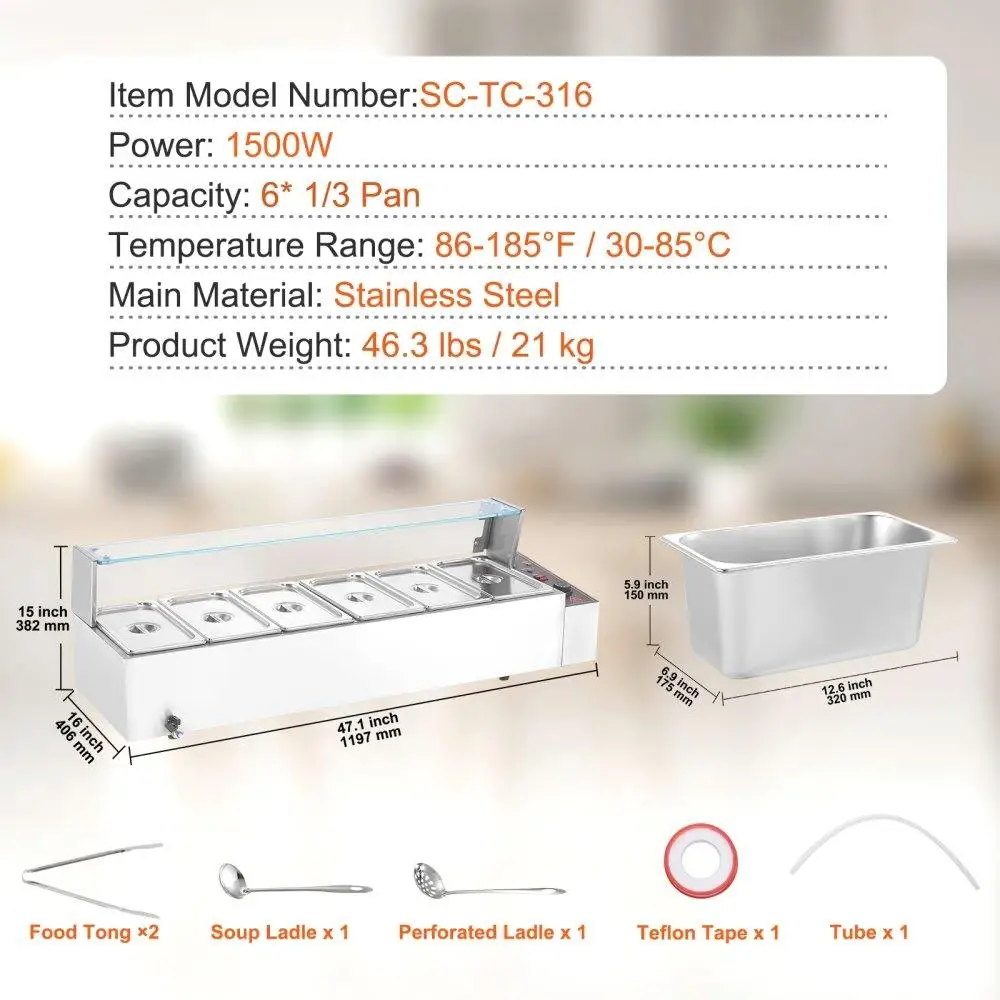 Bancada de buffet com aquecedor elétrico de 6 panelas com vidro com capacidade de 48 Qt para catering e eventos