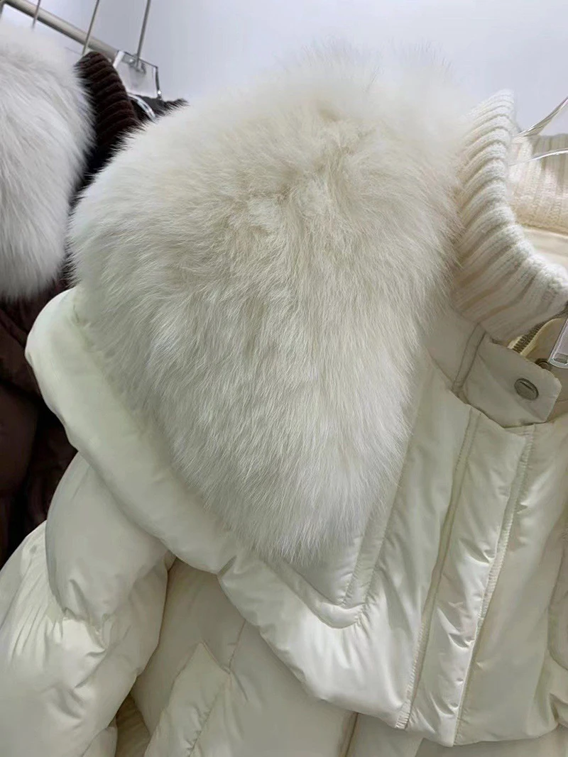 Women\'s White Duck Down Puffer Parka Jacket with Real Fur Removable Collar Winter New Down Cotton Fur Collar Parka Coat