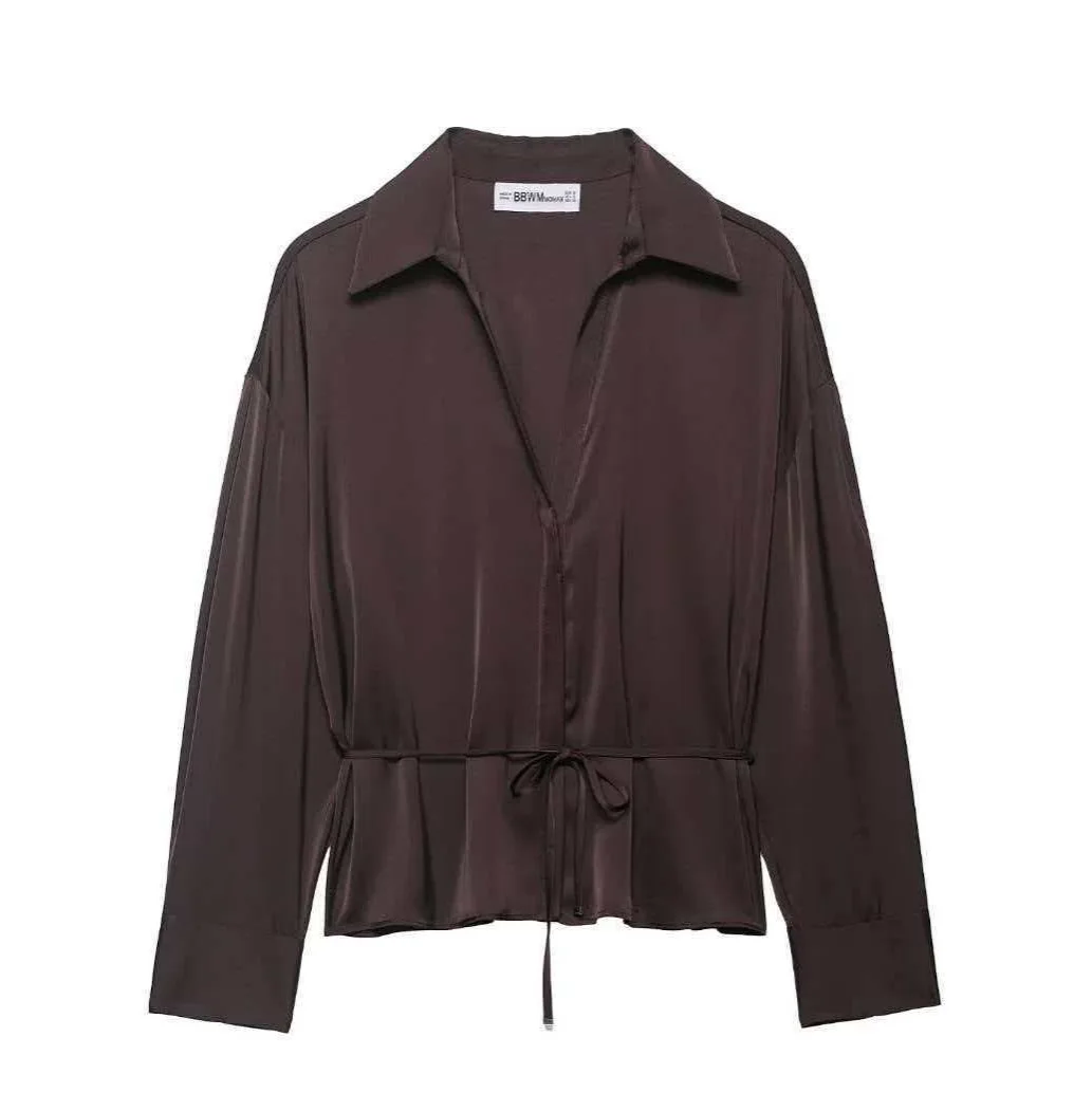 

Женская блузка из атласного шелка с длинным рукавом, отложным воротником, свободного кроя, с поясом, элегантная, для весны и осени