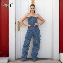 VGH Patchwork Pocket Slim Jumpsuit Dla Kobiet Bez Ramiączek Bez Rękawów Bez Pleców Wysoka Talia Łączone Guziki Streetwear Kombinezony Damskie