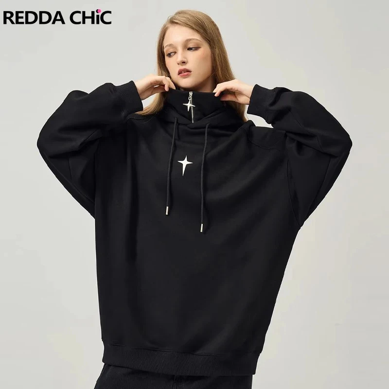 

ReddaChic Star Y2k Girl Suede Leather Hooded Hoodies Black Mock Neck Long Sleeves Casual Top Women Oversized Pullover Sweatshirt