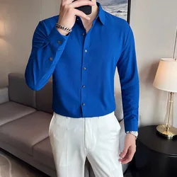 Men's Business Shirt Anti-wrinkle Long Sleeve Slim Fit Shirt Waffle Man Dresses Wedding Blouse Camisa Men Clothing Royal Blue