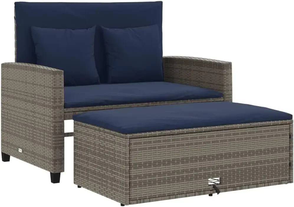 Grey and Navy Blue PE Rattan Convertible Garden Sofa with Powder-Coated Steel Frame, 2-Seater Outdoor Patio Furniture with Stora