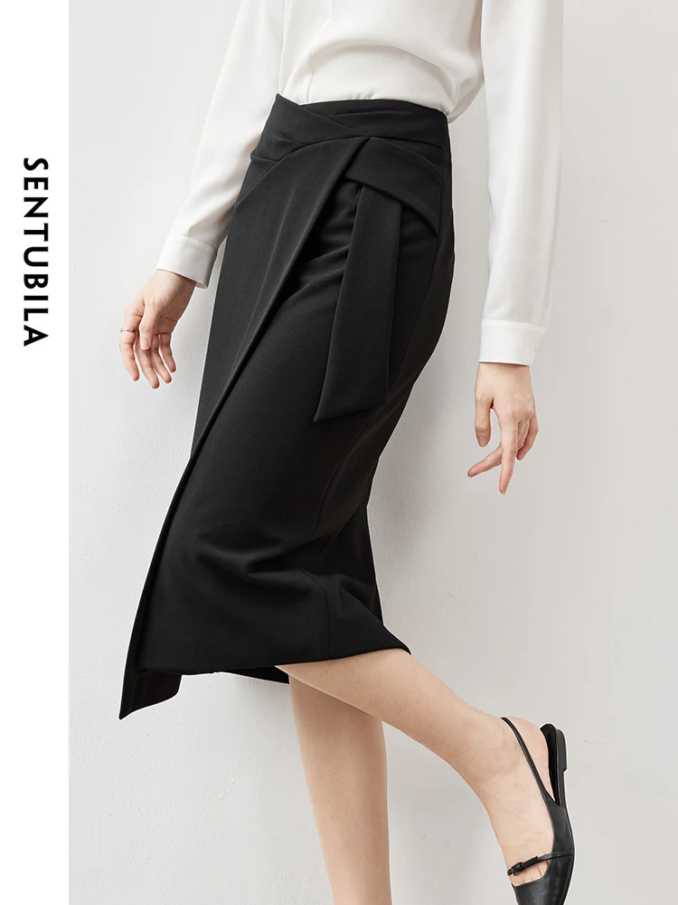 SENTUBILA Women Black Irregular Split Knit Skirt Officel Lady 2024 Autumn High Waist Slit Midi Skirt Female Clothing 143Q56643