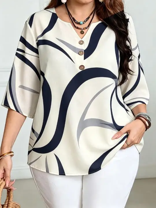 Women Abstract Radiant Geometric Print Blouse For Curvy Figures Notched Neck 3/4 Sleeve Loose Casual Ladies Tops