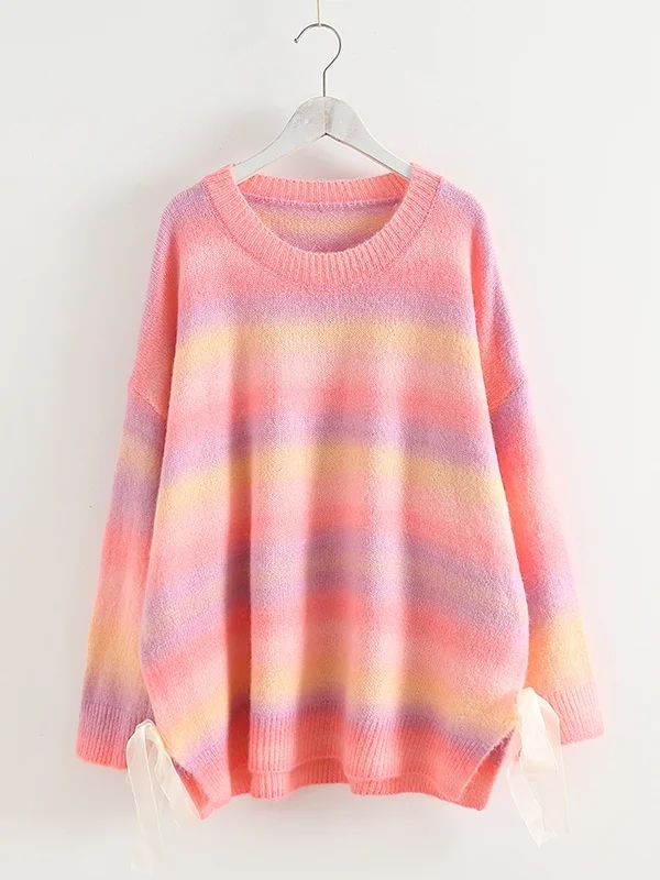 

Свободный вязаный свитер Rainbow adient с круглым узлом Ne, пуловер для женщин, осень 2021, Sweet Sle Long Sve