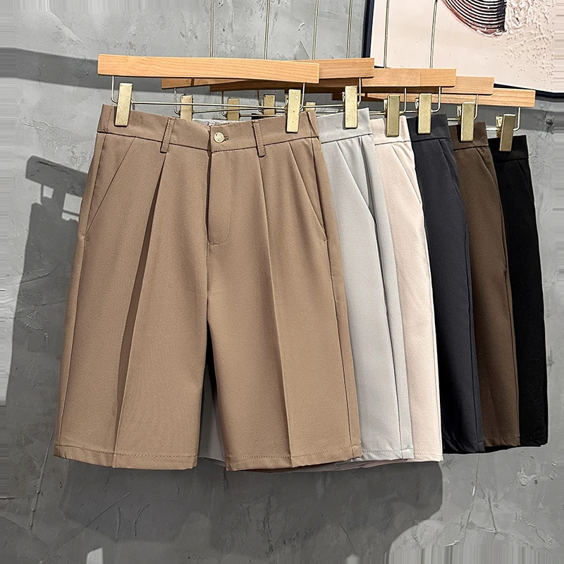

Summer Dress Shorts Men Front Pleated Shorts Casual Bermuda Work Wear Suit Shorts Korean Fashion Knee Length Formal Pants Man