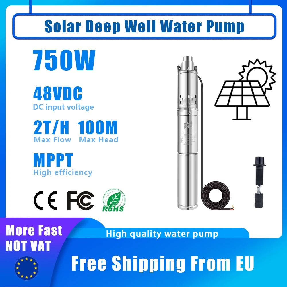 750W DC Pump Solar Deep Well Pump 48V 60V Lift 100M Stainless Steel Build in Controller Solar submersible Water Pump 2000L/H