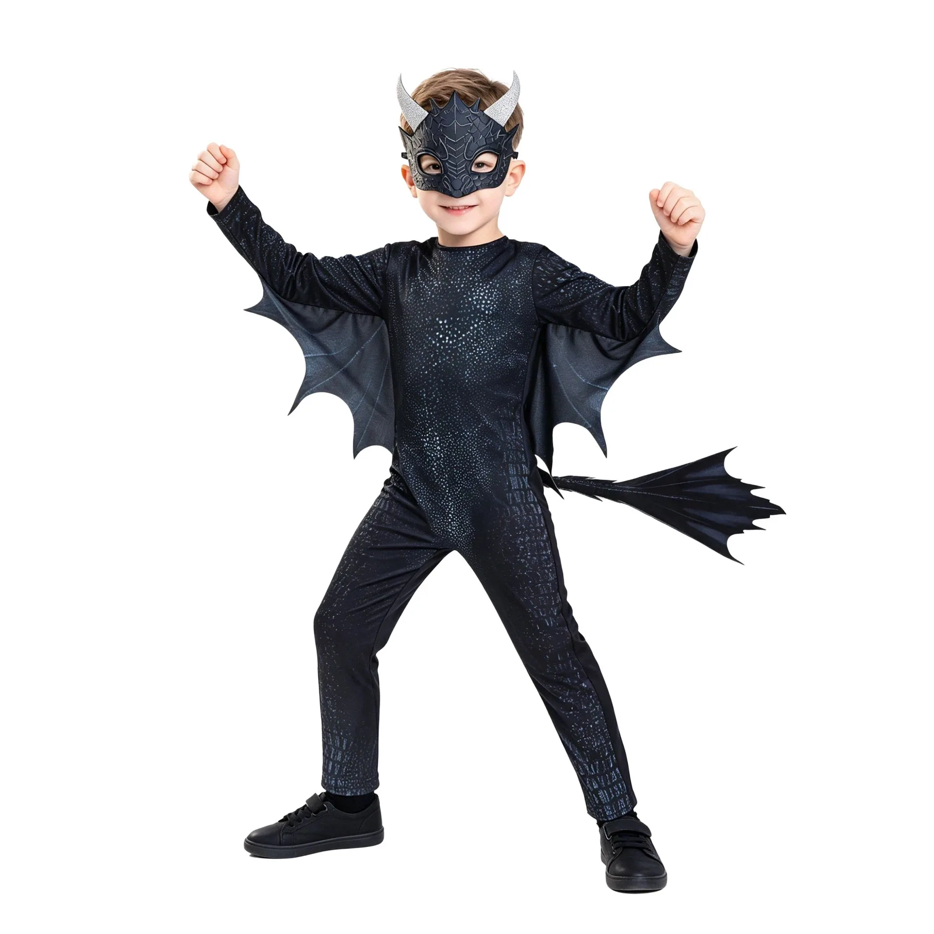 Children Black Dragon Knight Halloween Cosplay Costume Dinosaur Role Play Stage Performance Set