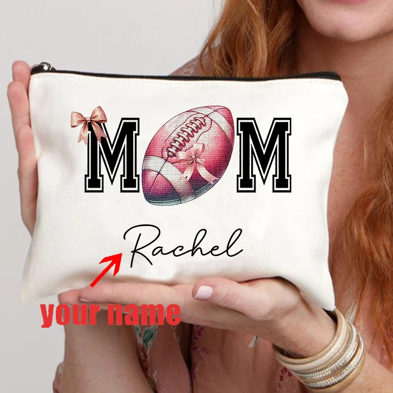 

Customized Football Personalized Mom Bag Pink Bow Sports Mom Gift Creative Large Capacity Canvas Makeup Bag Lipstick Storage Bag