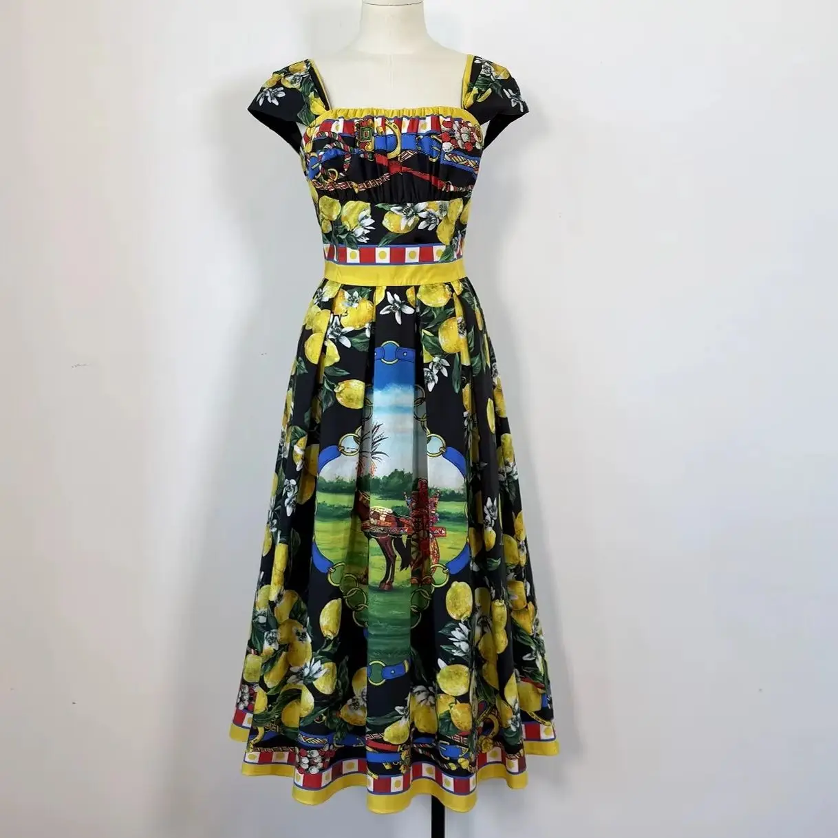 

Women Sicilian Style Lemon Print Midi Dress Square Neck Cap Sleeve High Waist A Line Vintage Holiday Party Midi Vestidos