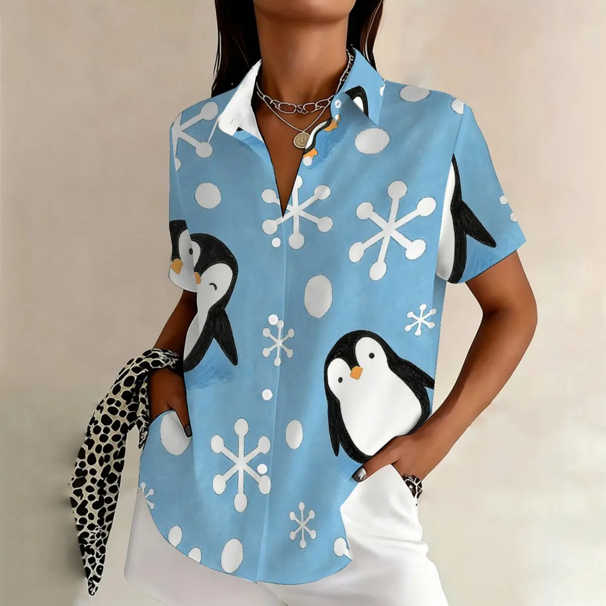 

Simple and personalized penguin print summer women's plus size lapel short sleeved shirt fashionable daily versatile top