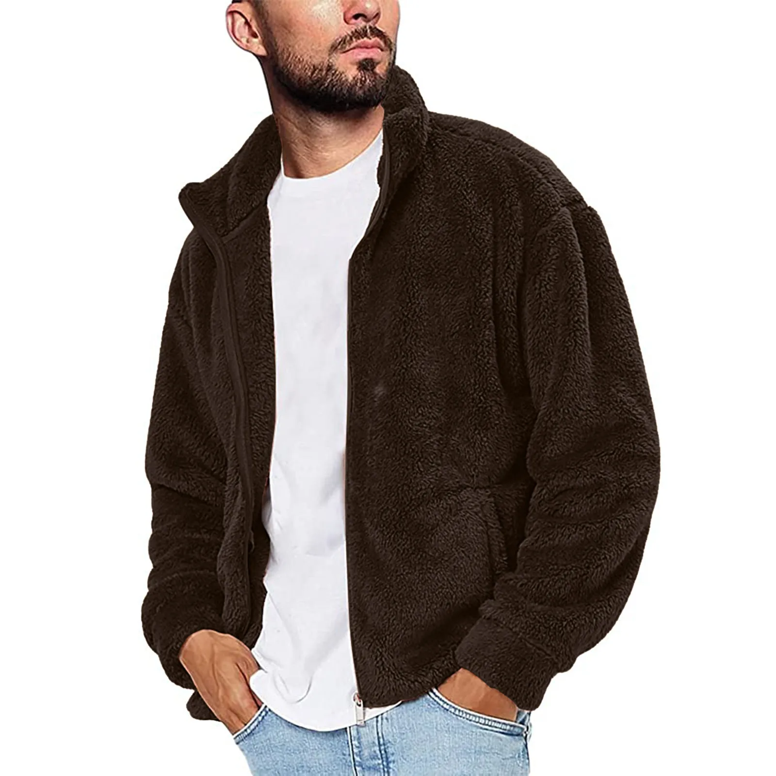 Men's Fuzzy Jacket Casual Winter Solid Color Long Sleeve Keep Warm Fleece Stand Zip Up Outwear Coat plus Size Men's Clothes