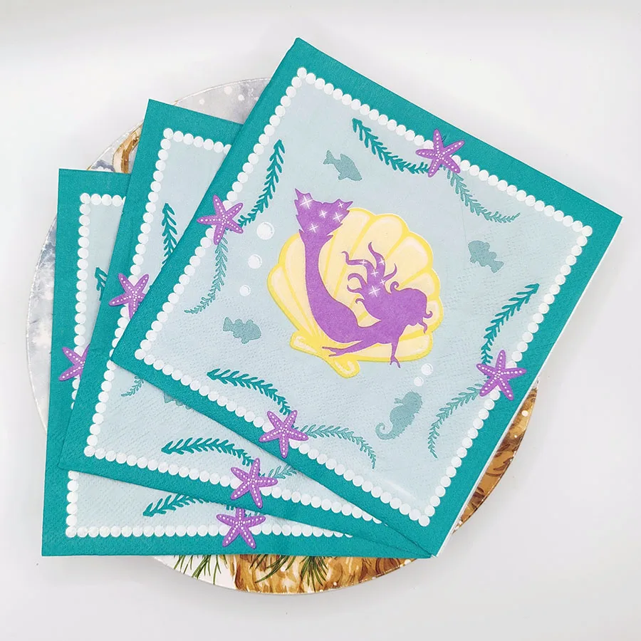 20pcs Mermaid Paper Napkins 2 Ply 33x33cm Seashell Starfish Ocean Theme Birthday Party Table Decorations