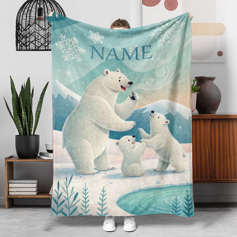 (Maßgeschneidert) 1 Stück personalisierte Namens-Flanelldecke mit Eisbärenmuster, leichte und weiche Decke, Geschenkdecke für