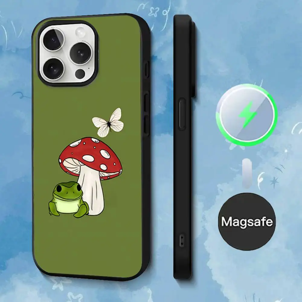 حافظة هاتف Green The Frog Mushroom لهاتف iPhone 17,16,15,14,13,12,11,Pro,Max,Plus,Mini,SE4,E شحن لاسلكي مغناطيسي Magsafe