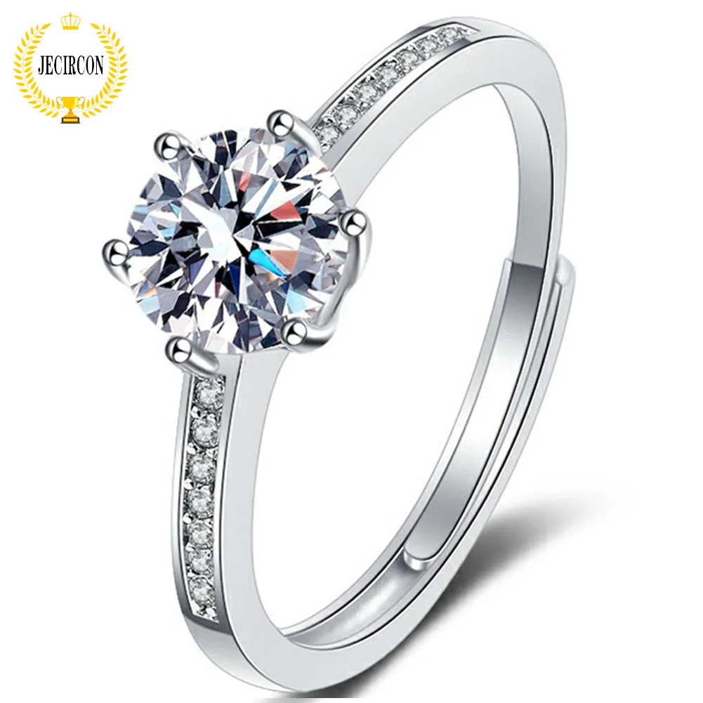 

JECIRCON 925 Sterling Silver D Color 1ct Moissanite Ring for Women Simple 6-claw Straight Arm Wedding Band Opening Adjustable