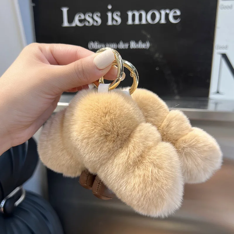 Bonito croissant real lontra pele de coelho carro chaveiro pingente bola de pelúcia boneca mochila pingente