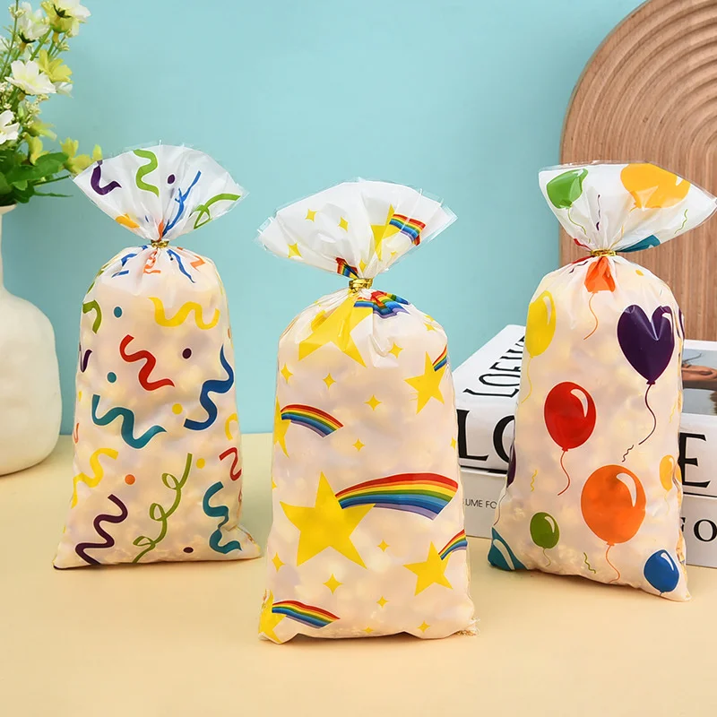 50pc Colorful Ribbon Balloon Doodle Pattern Gift Pack Flat Pocket, Rainbow Printed Wedding Graduation Party Gift Small Candy Bag