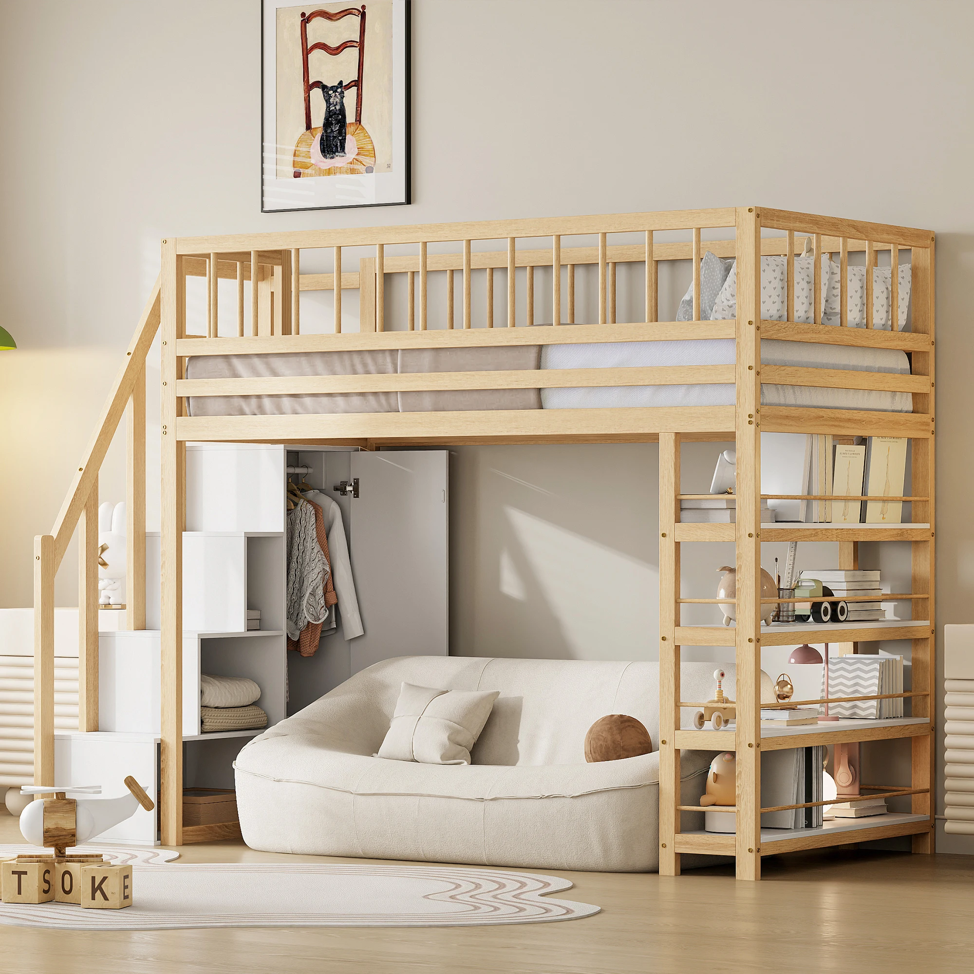 Frame Loft Bed with wardrobe, shelves and storage space, high fence security design, multifunctional bed, Without Mattress