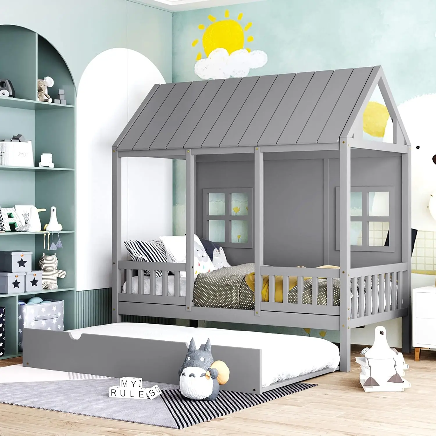 House Bed With Trundle, Twin House Bed For Kids, Wooden Platform Bed Frame With Headboard And Roof, For Girls Boys (Twin Size,