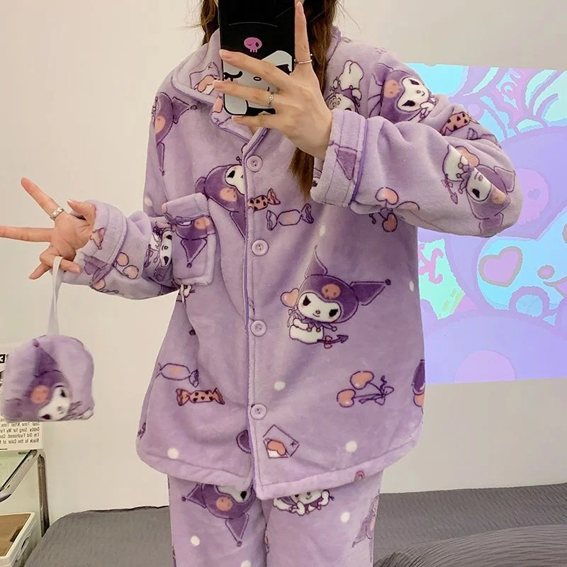 Sanrio Pochacco Cute Printed Plush Pajamas Set Y2k Flannel Soft Home Wear Winter Coral Velvet Student Cartoon Home Clothes Suit