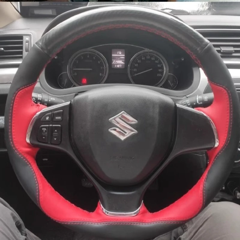 

Для Suzuki Swift Sport Vitara 2012-2017 Нескользящий черный, красный, сшитый вручную чехол на руль автомобиля из натуральной кожи