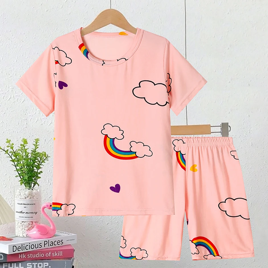 2-tlg. Kinder Sommer Mode Druck Hause Kleidung Anzug Junge Bequeme Joker Dinosaurier Kurzen ärmeln Mädchen Süße Rosa shorts Anzug – Detail 6