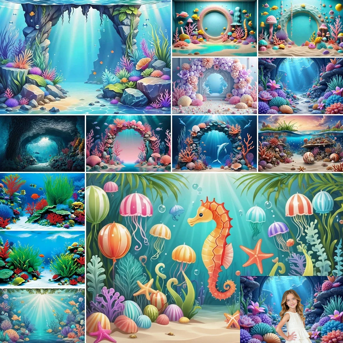 

MOON.QG Summer Under The Sea Backdrop Aquarium Underwater Ocean Beach Birthday Photo Background Tropical Party Hawaiian Decor