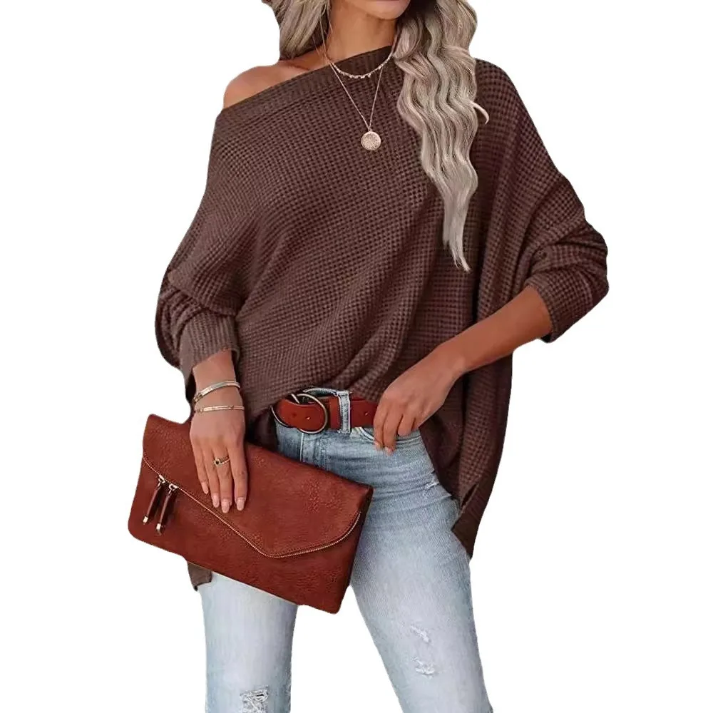 

New Simple Long Sleeve Pullover Knitted Sweater Women Casual Loose Red Sweaters slash Neck Autumn Winter Clothes Bottoming Tops