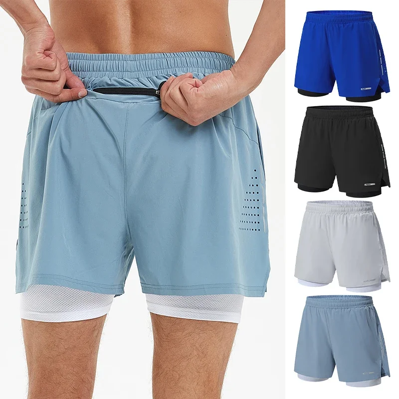 Men Summer Swim Shorts Sportswear 2 in 1 Compression Jogging Short Beach Casual Pants Double-deck Bottoms with Zipper Pockets