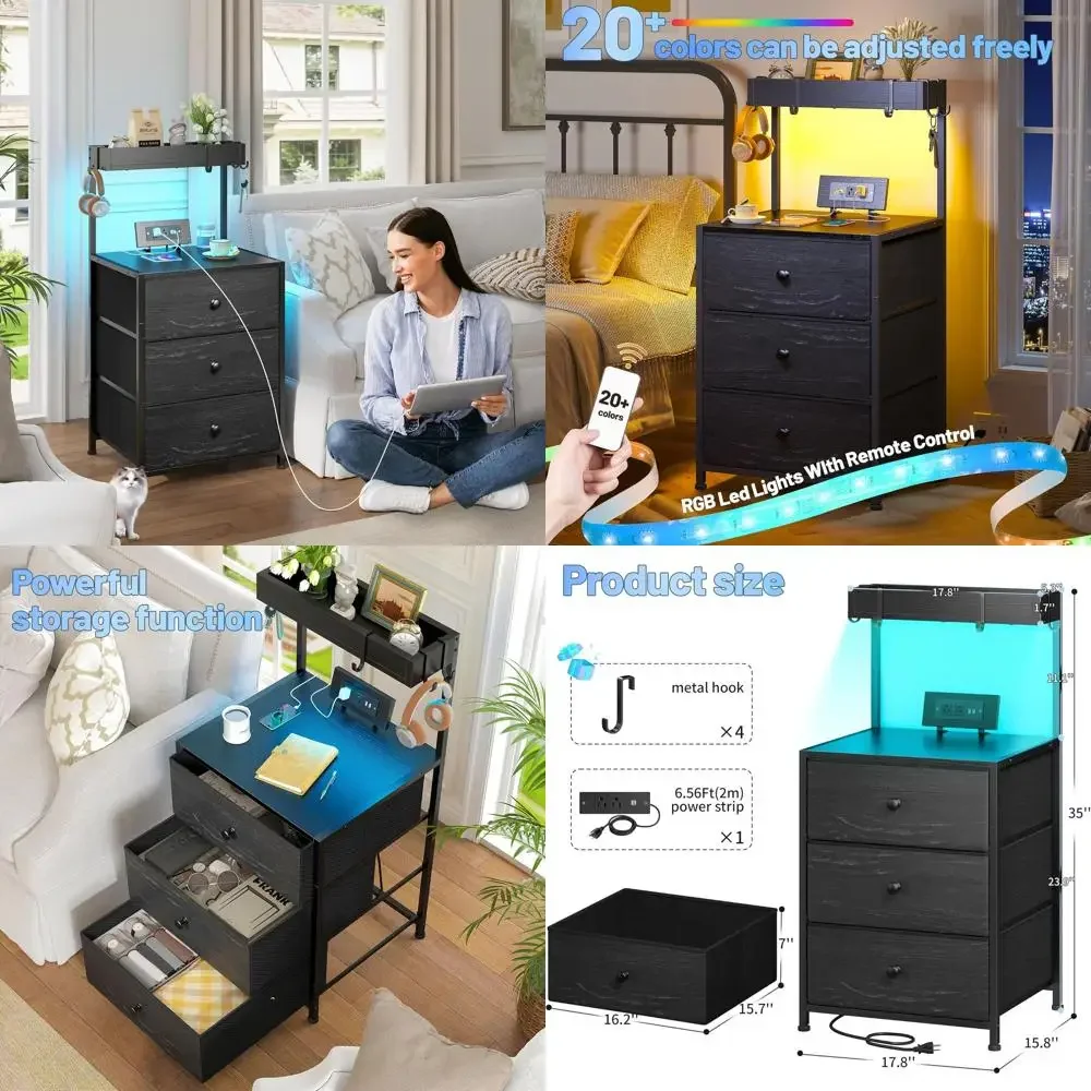 

Прикроватная тумбочка с LED-подсветкой и 3 ящиками, черная, для общежитий, спален и прихожих