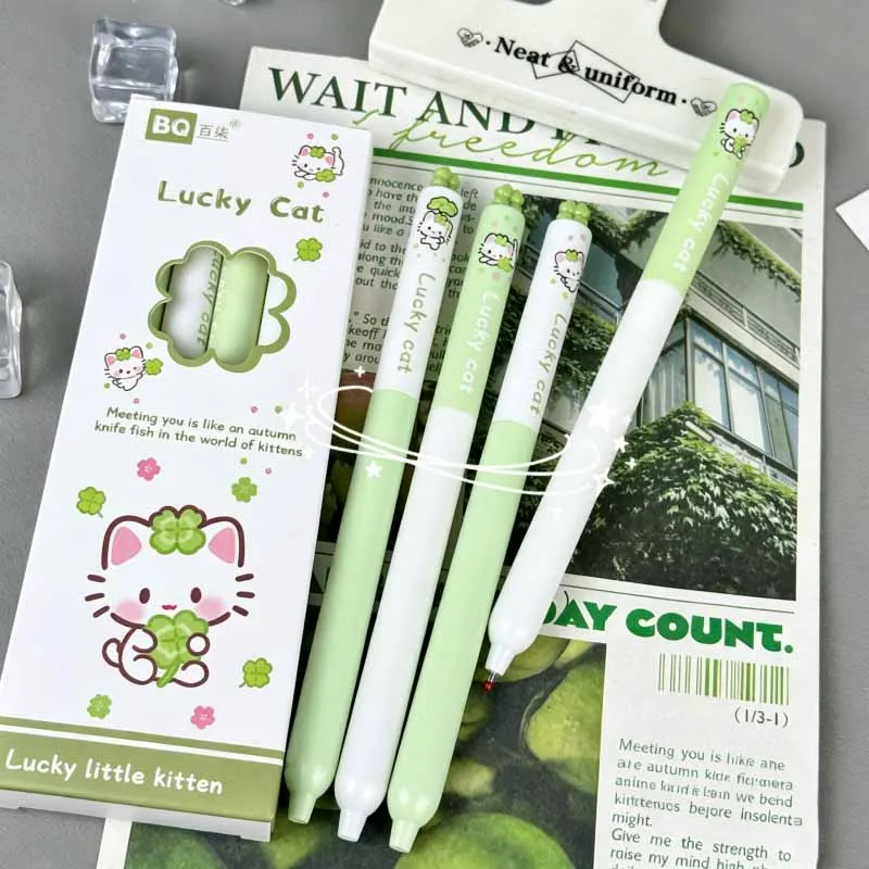 40pcs/lot Kawaii Four-Leaf Clover Cat Gel Pen Cute 0.5mm Black Ink Signature Pens Promotional Gift Office School Supplies