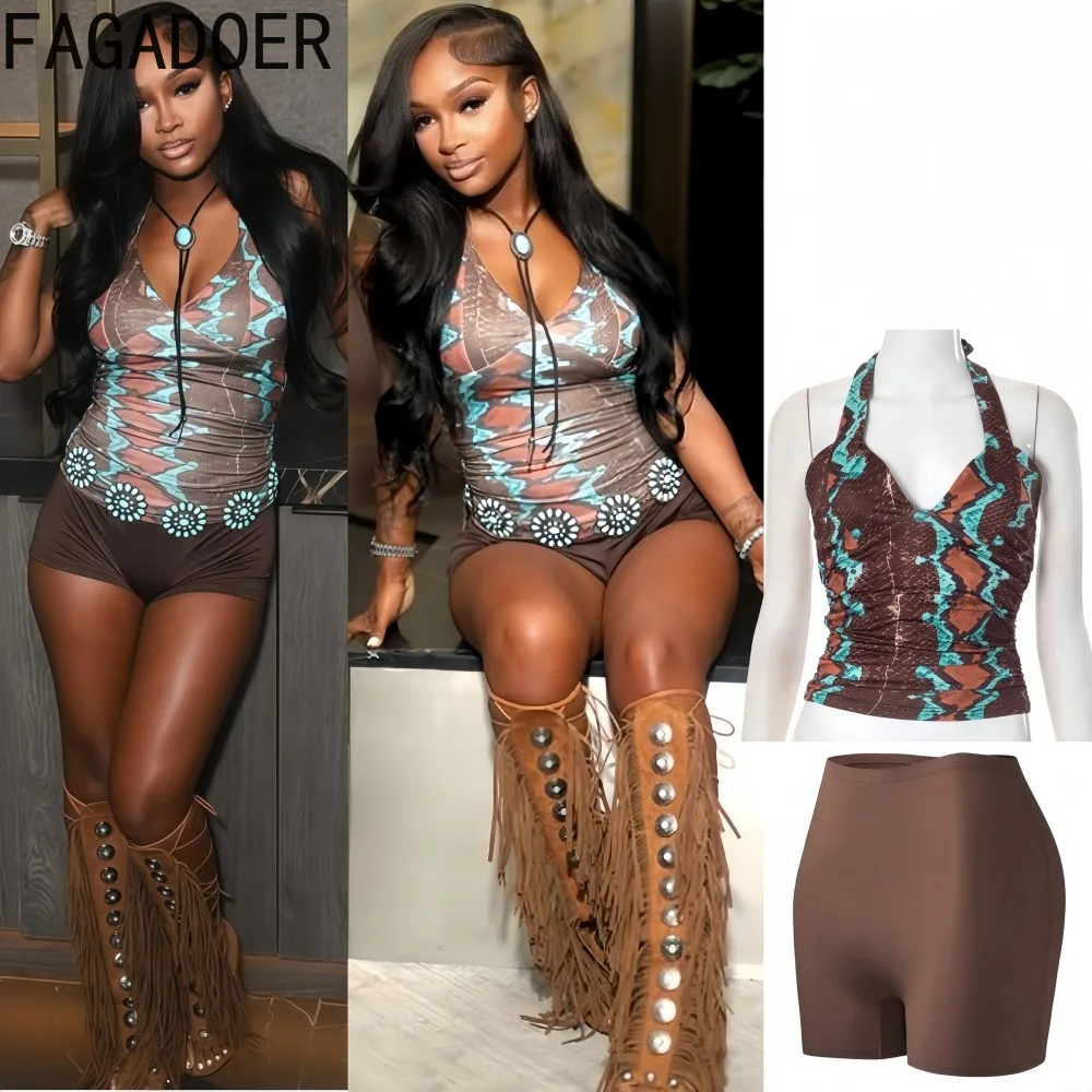 

FAGADOER Fashion Pattern Printing 2 Piece Sets Woman Outfit Halter Backless Crop Top and Pants Matching Suit Female Streetwear
