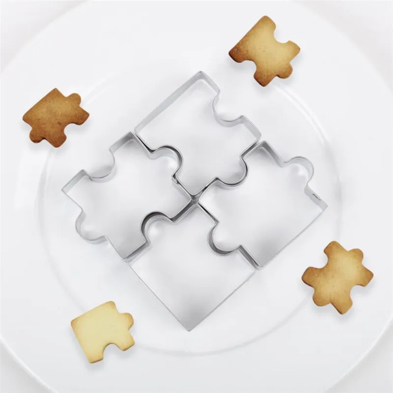 4Pcs 3D Stainless Steel Cookie Puzzle Shape Cookie Cutters Toast Cutter DIY Biscuit Dessert Bakeware Cake Fondant Mold Tools