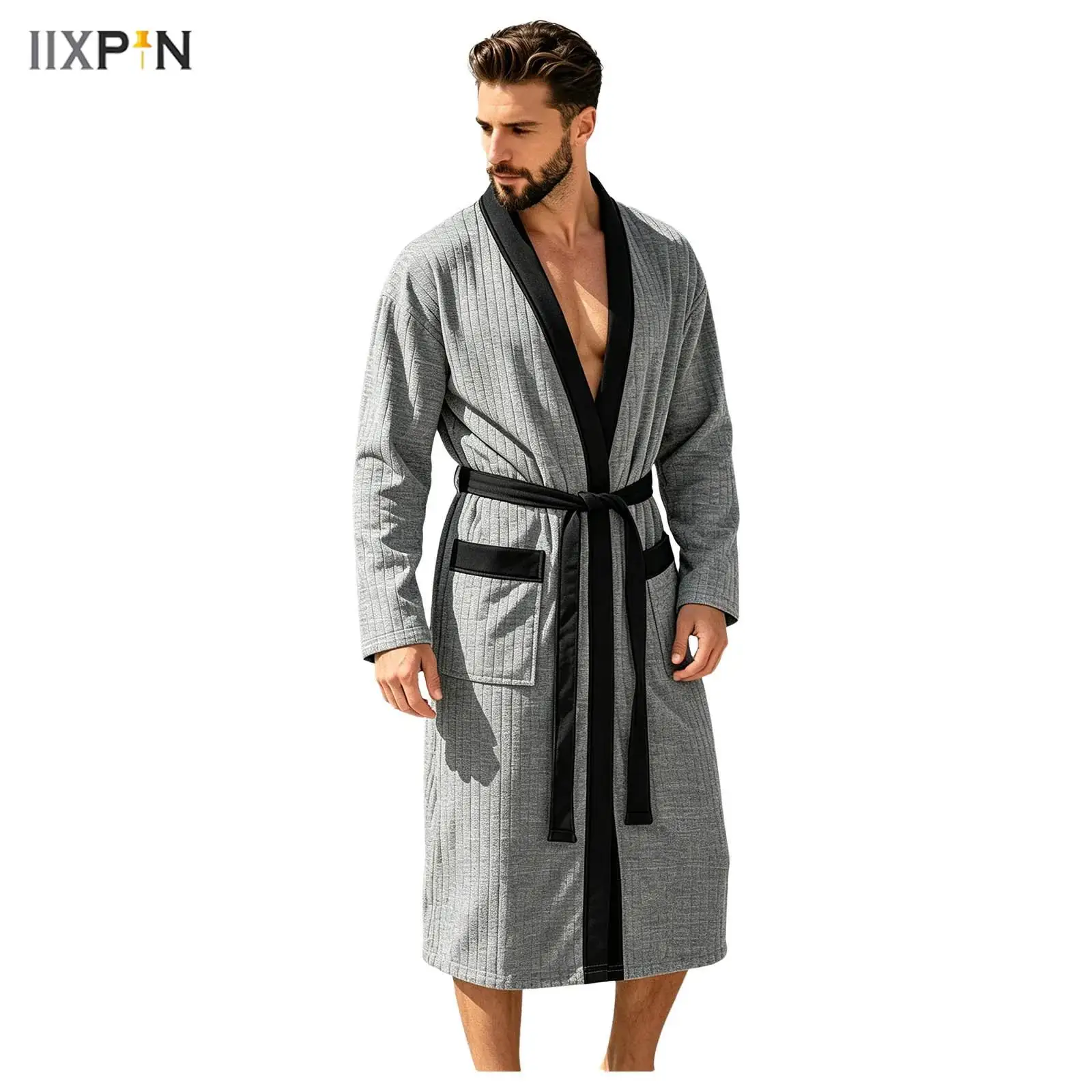 Mens Ribbed Bathrobe Long Sleeve Open Front Contrasting Color Trim Pockets Kimono Night-robe Gown with Belt Loungewear Homewear