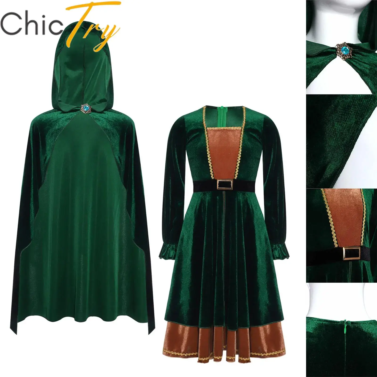 

Kid Girls Jungle Archer Cosplay Costume Roleplay Dress with Hooded Cape Long Sleeve Fairytale Hunter Halloween Carnival Dress Up