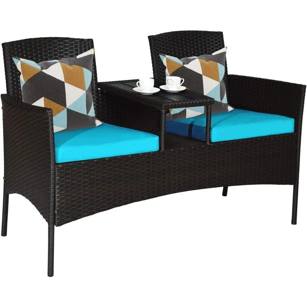 Outdoor Rattan Loveseat, Patio Conversation Set with Cushions & Table, Modern Patented Wicker Sofa Set