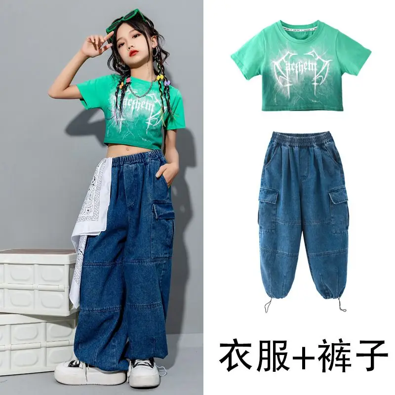 مجموعة ملابس الهيب هوب للأطفال ، البلوز ، هوديي ، عداء البضائع الدنيم ، ملابس الشارع الشهير ، السراويل للفتاة ، الصبي ، زي رقص الجاز ، ملابس