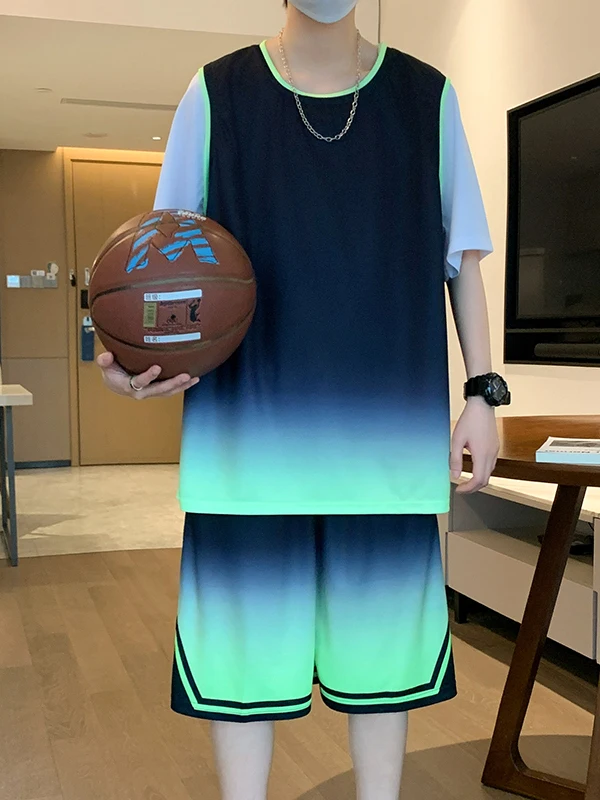 

Teenage Boys Summer Thin ort Sve Baskeall Sport Suit Casual Two-Piece Set Polyester Fiber Youth Faion adient Color