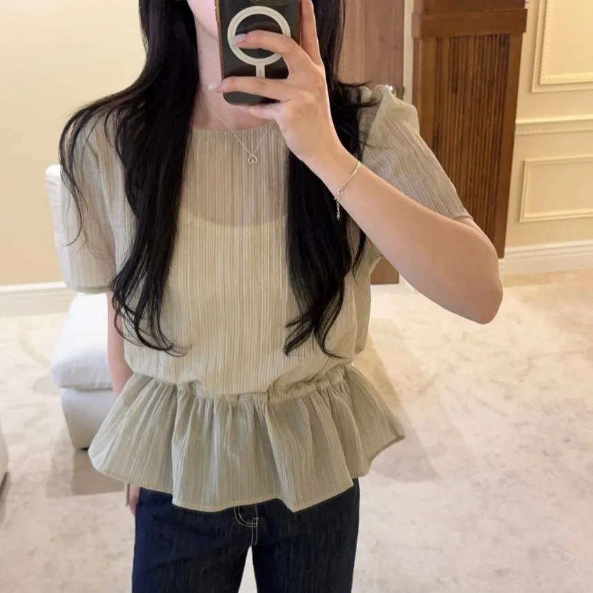 

Women's Chic Spring Summer Dstring Waist Loose Slimming ort Sve round Ne irt Top Comfortable Casual Busin