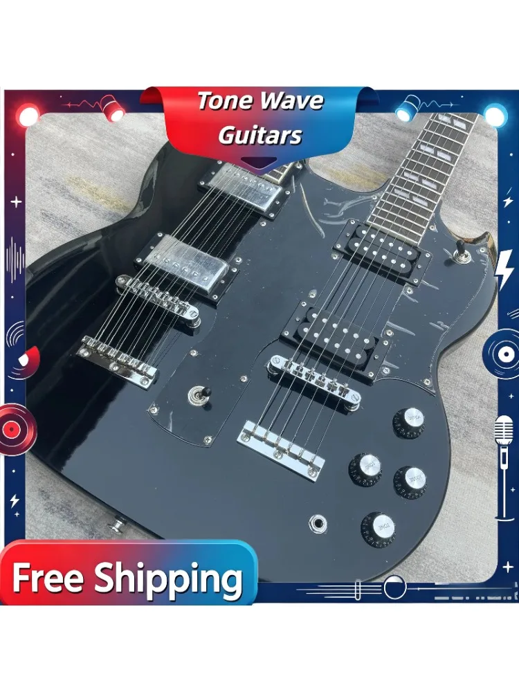 NEUE Glänzend Schwarze SGU Solid Body Doppelkopf-E-Gitarre 12-Saiter & 6-Saiter Dual-Scale Heavy Metal Bühnen-Gitarre Inklusive Lieferung